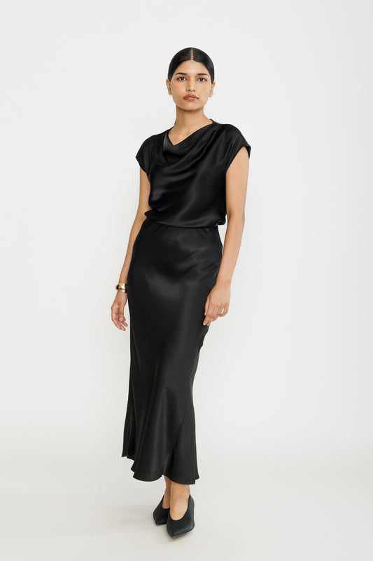 Asymmetric Satin Skirt - Black