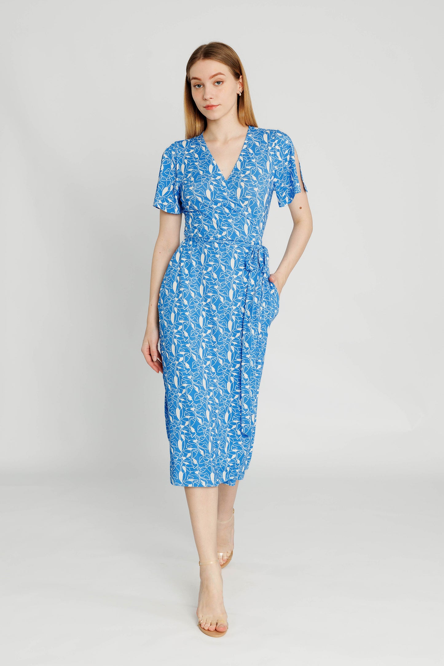 Flutter-sleeve Midi Wrap Dress - Blue Botanical